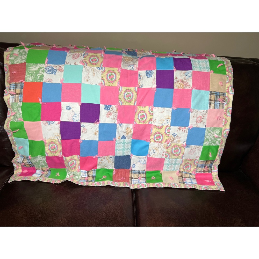 VTG 70s Handmade Patchwork Tie Quilt Floral Plaid Multi Color Cottagecore Throw